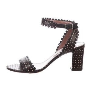 Tabitha Simmons Leticia Black Nude Laser Cut Leather Block Heel Sandals 9